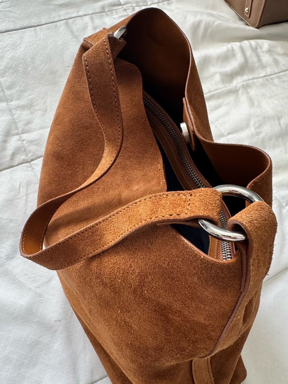 Suede Shoulder Tote Bag in Rich Brown - Picture 3 of 7